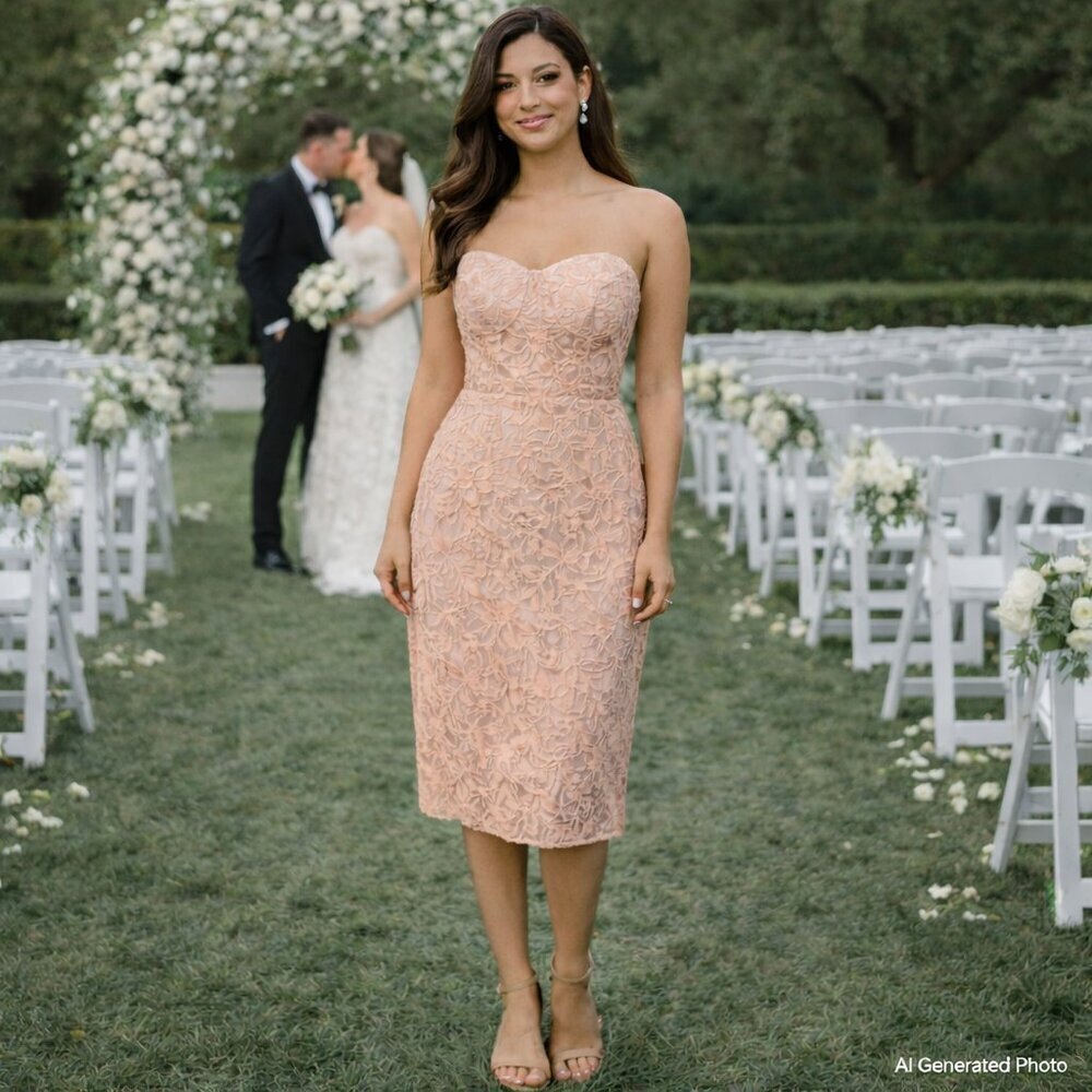NSR Peach Lace Strapless Midi Dress XS NWOT Sweetheart Wedding Guest Prom Event